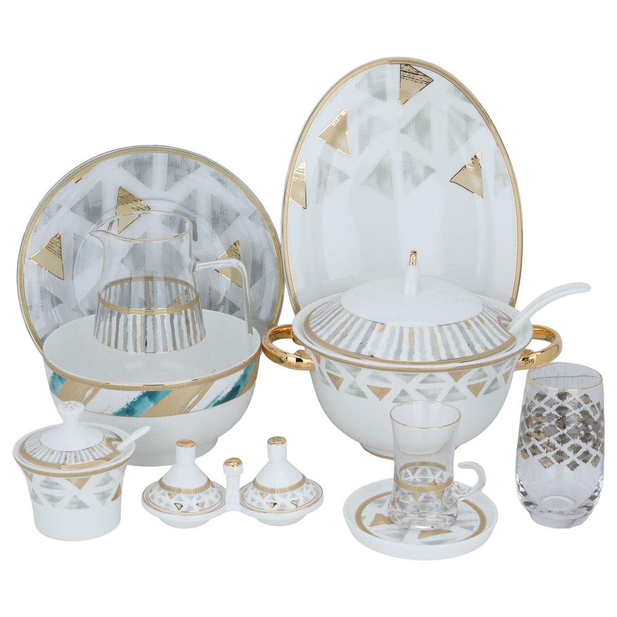 طقم سفرة بورسلان السيف غاليري، 62 قطعة - ابيض ذهبي product image