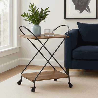 Metal And Wood Serving Trolley, 72×40×78 Cm, 2 Shelves, 360 Swivel Casters - Brown product image 2