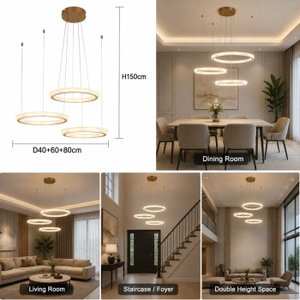 Norco Modern Aluminum Acrylic Chandelier, 3 Rings, 3000K, 60W - Gold product image 2
