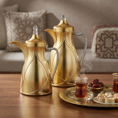 Al Saif Gallery Thermos Set, 0.7/1 Liter, 2 Pieces, Glass Interior, Transparent Handle, Push-Button Lid - Matte Gold product image 2