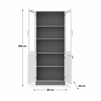 OW-10 MDF wood storage and display cabinet, 200×80×40 cm, 2 doors, 2 glass top doors, 2 wooden bottom doors with key lock, metal handles - white-grey product image 3