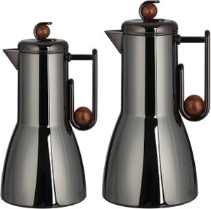 Al Saif Gallery Al-Adhariya Thermos Set, 0.7/1 Liter, 2 Pieces, Glass Inner Container, Stainless Steel Outer Body, Push Button - Glossy Black Dark Wood product image 2