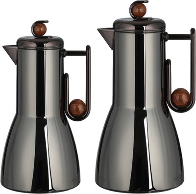 Al Saif Gallery Al-Adhariya Thermos Set, 0.7/1 Liter, 2 Pieces, Glass Inner Container, Stainless Steel Outer Body, Push Button - Glossy Black Dark Wood product image 2