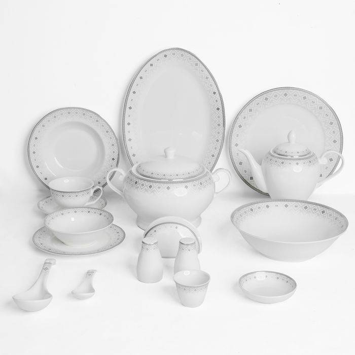 Alsaif gallery Porcelain Dinner Set, 65 Pieces, Round Shape, Beige-White Engraving product image 1