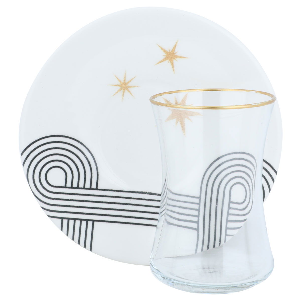 Al Saif Gallery glass teapot with porcelain saucer, two pieces, sun pattern - transparent and white product image