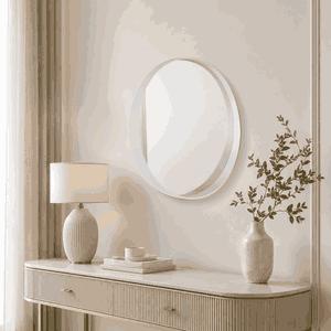 مراية دائرية زجاج، 90×90 سم، ستاند معدن، اطار خشب MDF - ابيض product image