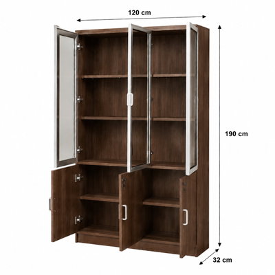 OW-110 MDF wood storage and display cabinet, 190×120×32 cm, 6 doors, 3 glass top doors, 3 wooden bottom doors, metal handles - Brown product image 3