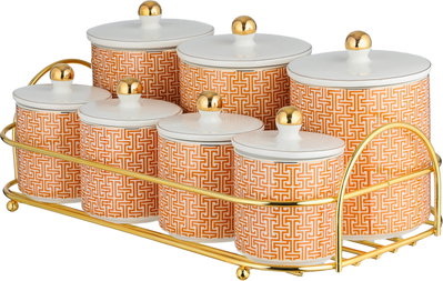 One More Stainless Steel Porcelain Spice Jar Set With Stand, 7 Pieces, Orange Pattern -White Gold product image 3