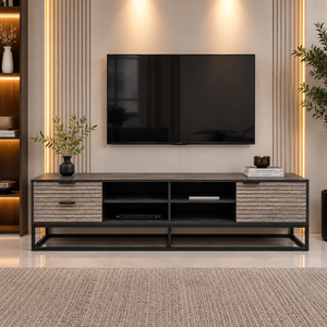 طاولة تلفزيون، 50×200×40 سم، خشب MDF، إطار معدن، أدراج - رمادي خشبي product image