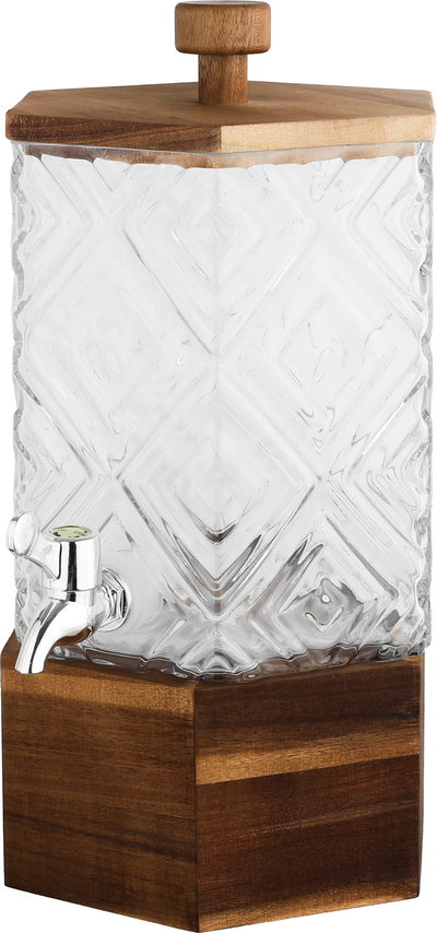 Al Saif Gallery Glass Drink Dispenser, 18.5x18.5x33 cm, Wooden Base and Lid - Transparent Wooden product image 2
