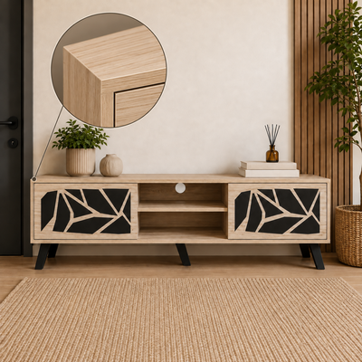 Corner TV stand, 40×160×45 cm, MDF wood, drawers - Beige Black product image 3