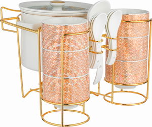 طقم تقديم شوربة بورسلان ون مور، 35x25x25 سم، 16 قطعة، ستاند ذهبي - أبيض برتقالي product image 2