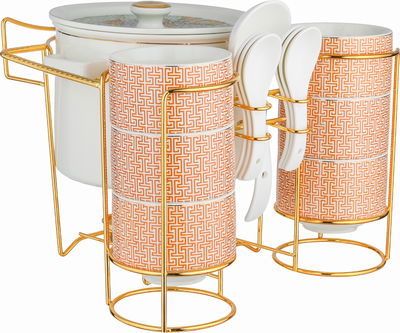 طقم تقديم شوربة بورسلان ون مور، 35x25x25 سم، 16 قطعة، ستاند ذهبي - أبيض برتقالي product image 2