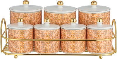 One More Stainless Steel Porcelain Spice Jar Set With Stand, 7 Pieces, Orange Pattern -White Gold product image 2