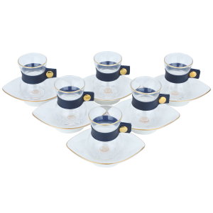 طقم بيالات شاي زجاج السيف غاليري، حزام جلد أزرق، مع الصحن، 12 قطعة - شفاف product image