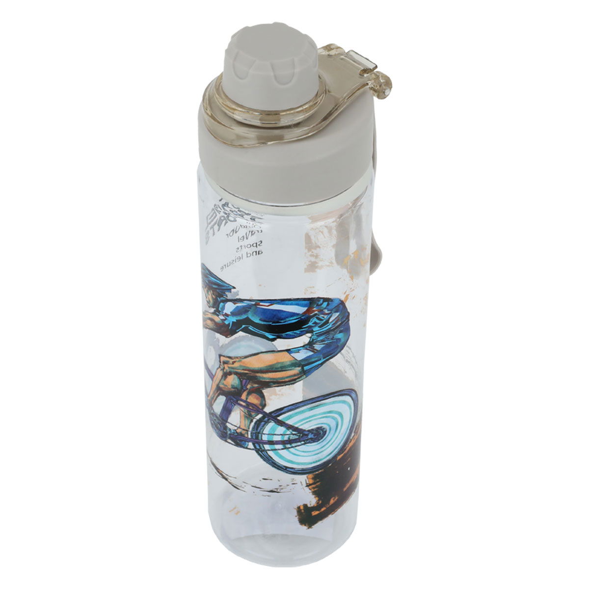 Al Saif Gallery plastic water bottle, drawing of a cyclist - transparent product image 2