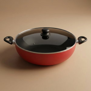 مقلاة ووك المونيوم مع طبقة غير لاصقة مستر كوك، 28 سم، غطاء زجاجي - احمر اسود product image
