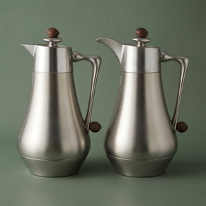 Al Saif Gallery Al Dana 2 Thermos Set, , 1/1 Liter, 2 Pieces, Glass Inner Container, Stainless Steel Outer Body, Push Button - Matte Wood Finish Silver product image