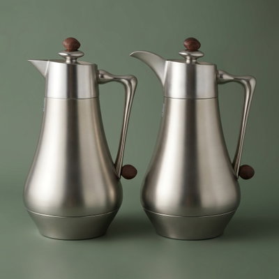 Al Saif Gallery Al Dana 2 Thermos Set, , 1/1 Liter, 2 Pieces, Glass Inner Container, Stainless Steel Outer Body, Push Button - Matte Wood Finish Silver product image 1