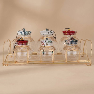 طقم علب بهارات زجاج السيف غاليري، غطاء، 7 حبات - ملون بستاند ذهبي product image 1