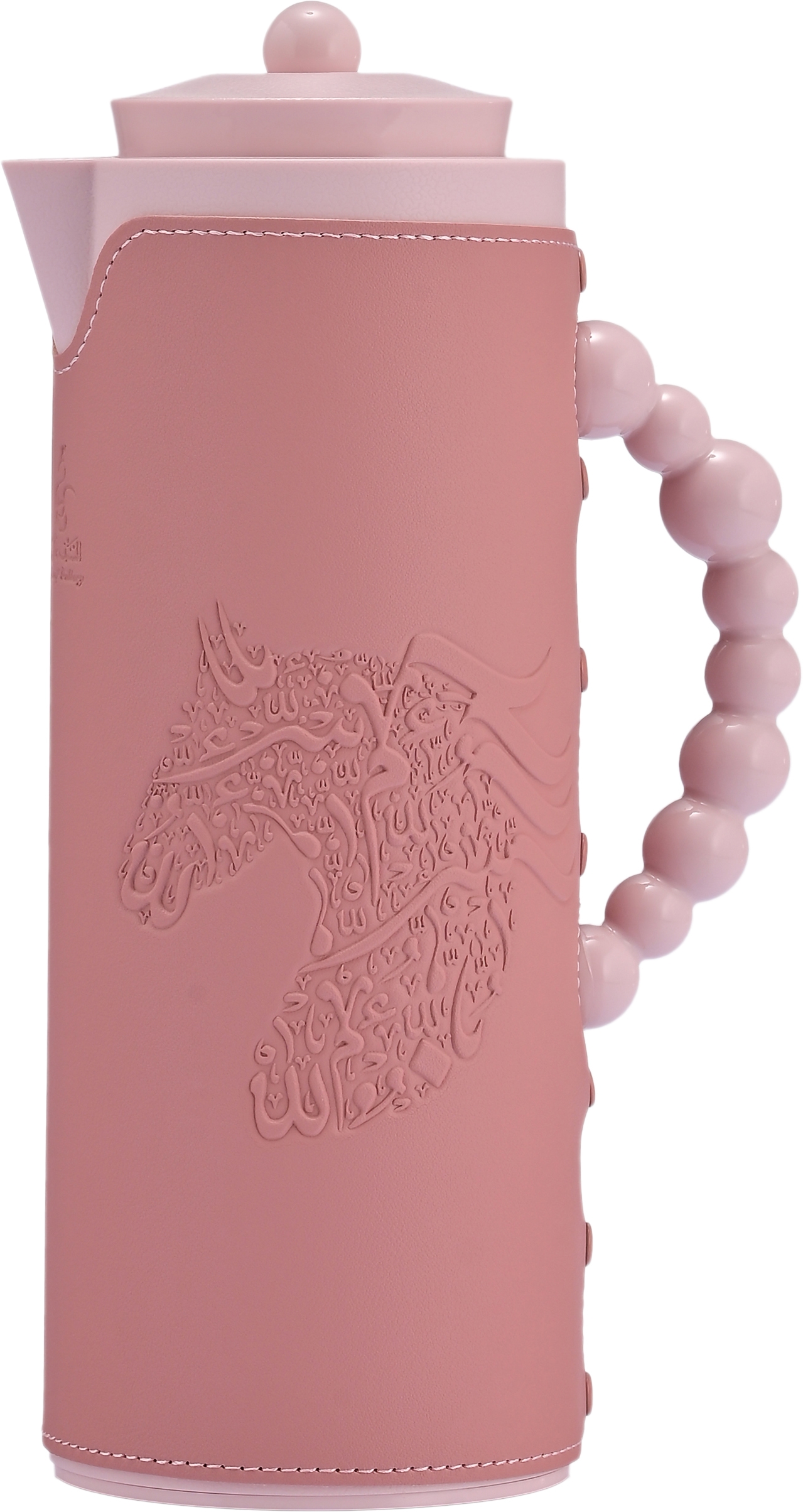 Al Saif Gallery Royal 7T thermos, 1 liter, leather covered, horse engraving, glass inner case, plastic outer body - pink product image