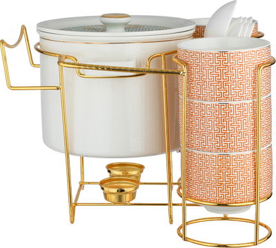 طقم تقديم شوربة بورسلان ون مور، 35x25x25 سم، 16 قطعة، ستاند ذهبي - أبيض برتقالي product image 3