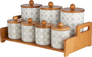 طقم علب بهارات مع استاند خشب بورسلان ون مور, 7 قطع، نقش بيج - ابيض خشبي product image 2