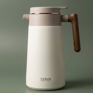 Shaha Stainless Steel Thermos, 1.7 Liter, Pump, Wooden Handle - White Beige product image