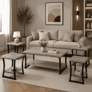 طقم طاولات خشب MDF و معدن، 5 قطع - رمادى اسود product image