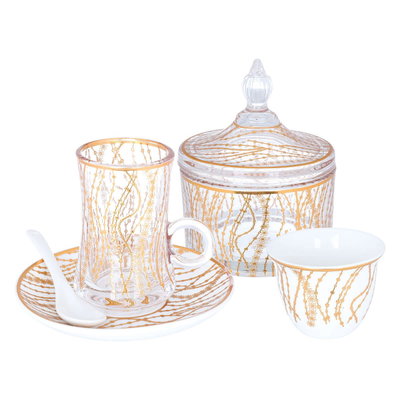 طقم تقديم بيالات وفناجين قهوة مع الصحن زجاج السيف غاليري، 26 قطعة، نقش ذهبي - أبيض product image 1
