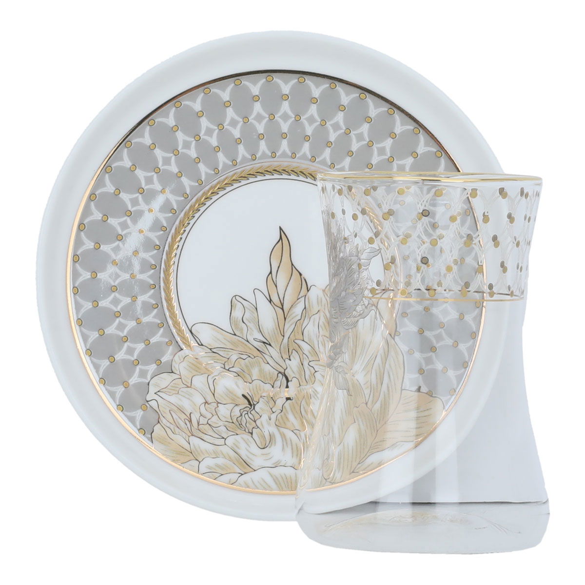 Al Saif Gallery glass tea iskanah set, with saucer, golden rose pattern, 12 pieces - transparent product image
