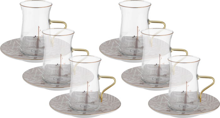 بيالات شاي زجاج بصحون بورسلان السيف غاليري، 12 قطعة، نقش عربي - شفاف بني product image 1