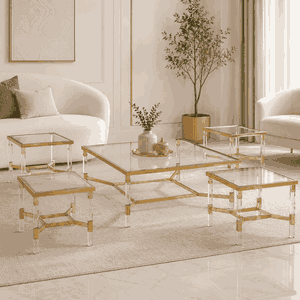 طقم طاولات زجاج و ستيل و اكرليك، 5 قطع - شفاف ذهبي product image