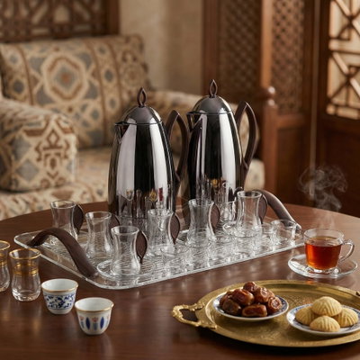 Al Saif Gallery Al Ola Thermos Set, 21 Pieces, with Serving Tray, Tea & Coffee Cups - Silver Brown product image 11