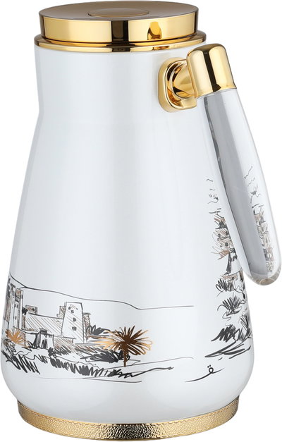 AsalAl Saif Gallery Thermos Set, 0.75/1 Liter, 2 Pieces, Glass Inner Container, Stainless Steel Outer Body, Push Button, Transparent Handle - Pearl White Gold product image 4