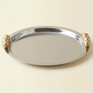 Alsaif Gallery Stainless Steel Serving Tray with Gold Handles, 30 x 30 x 4.5 cm, Round - Silver product image