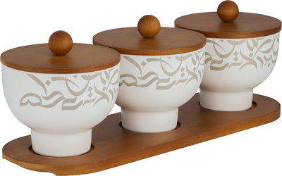 طقم زبادي بغطاء بورسلان ون مور، 35.5x12x1 سم، صينية خشب، 4 قطع، قاعدة - أبيض خشبي product image 2