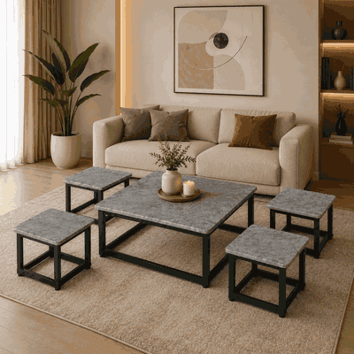 طقم طاولات خشب MDF و معدن، 5 قطع - رمادى اسود product image 1