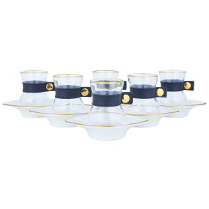 طقم بيالات شاي زجاج السيف غاليري، حزام جلد أزرق، مع الصحن، 12 قطعة - شفاف product image 2