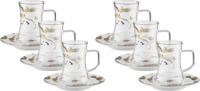 طقم تقديم بيالات شاي زجاج مع صحون بورسلان السيف غاليري، 12 قطعة، 100 مل - شفاف أبيض product image 1