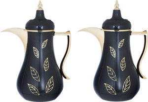 Al Saif Gallery Salma thermos set, 1 liter, golden pattern, 2 pieces, thermal glass inner shell, plastic outer shell - black product image 2