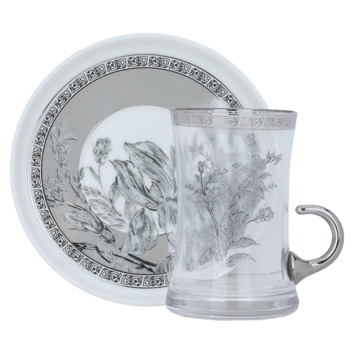 Al Saif Gallery glass tea set with porcelain plate, 12 pieces, floral pattern - transparent silver product image 1