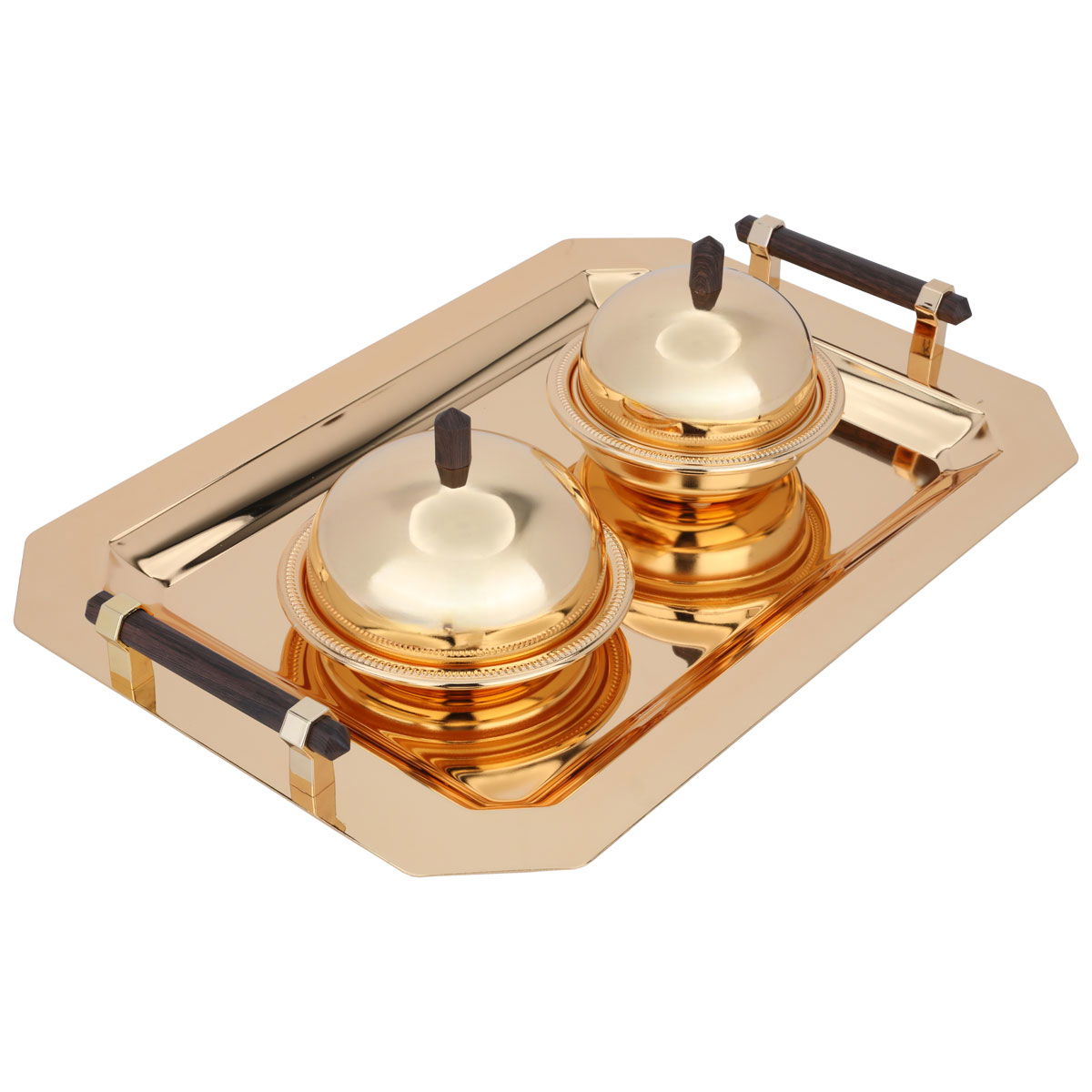 Al Saif Gallery Steel Toferia Set, 2 dates, lid, wooden handle, 3 pieces - Gold product image 1