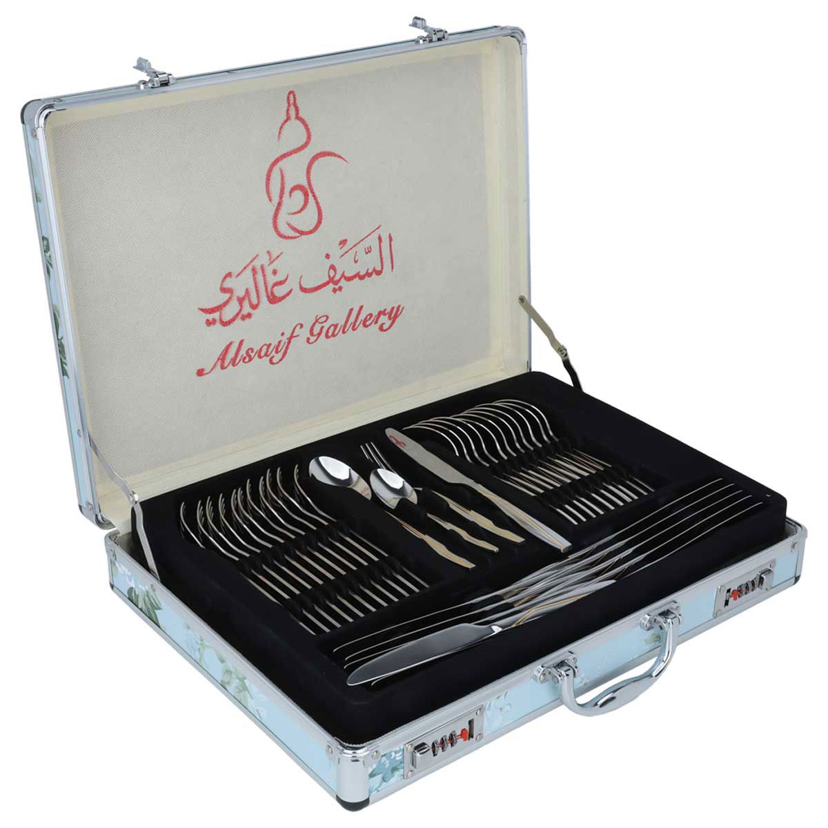Al Saif Gallery steel spoon set with aluminum case, 72 pieces, gold-silver pattern product image