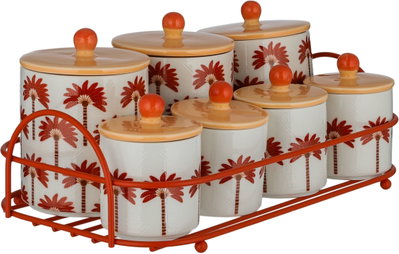 Al Saif Gallery Porcelain Spice Jar Set, Metal Stand, 7 Pieces, Lids - White and Colored product image 2
