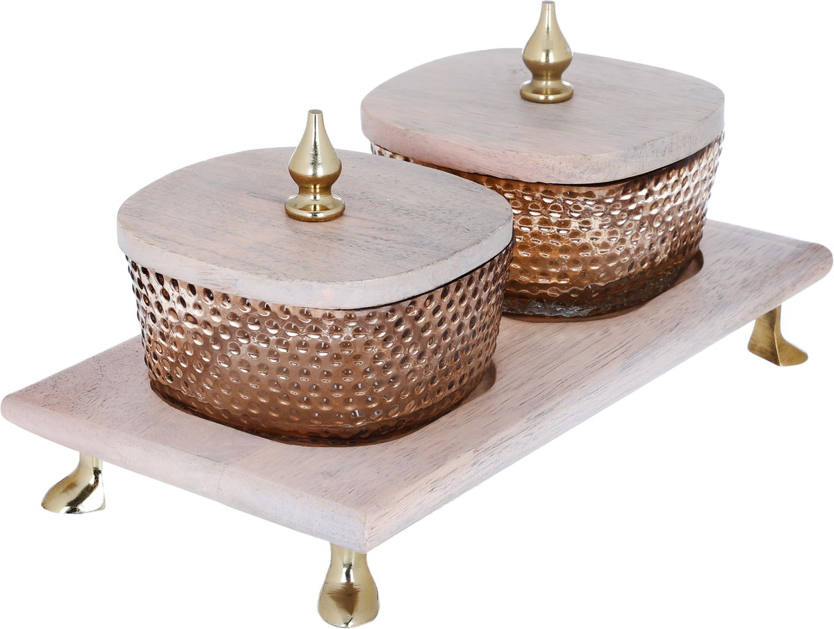 Al Saif Gallery glass candy set, 3 pieces, with wooden lid - transparent brown product image 2