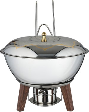 Saif Plus Sanaa Stainless Steel Food Warmer, 5L, Round Design, Hanging Lid, Wooden Legs - Silver/Gold product image