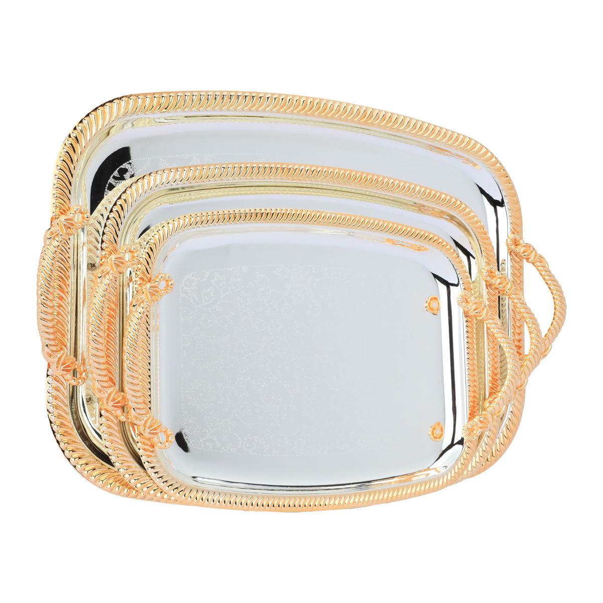 Al Saif Gallery steel tray set with golden edges, 3 pieces, rectangular, engraved - silver product image