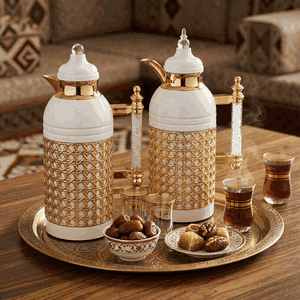 Al Saif Gallery Sarah thermos set, 1 liter, crystal handle, thermal glass inner case, steel outer case - pearly gold product image 2