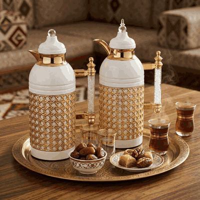 Al Saif Gallery Sarah thermos set, 1 liter, crystal handle, thermal glass inner case, steel outer case - pearly gold product image 2